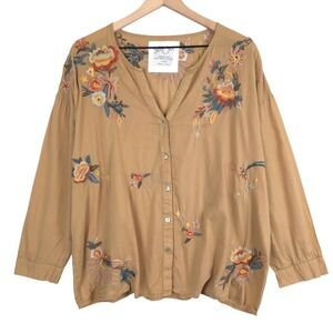 KYLA SEO Embroidered Floral 100% Cotton Top Sz L Tan Boho Button Shirt Festival